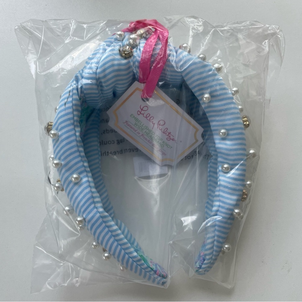 Lilly Pulitzer Embellished Top Knot Wide Headband Frenchie Blue Stripe